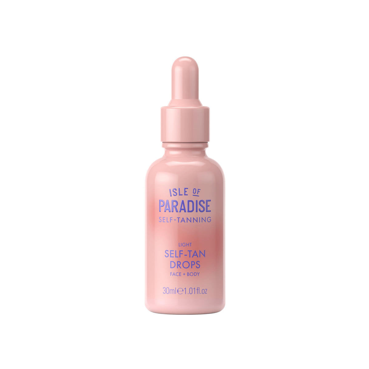 Isle of Paradise self-tanning drops bottle shows fragrance-free, dermatologist-approved formula for sensitive skin