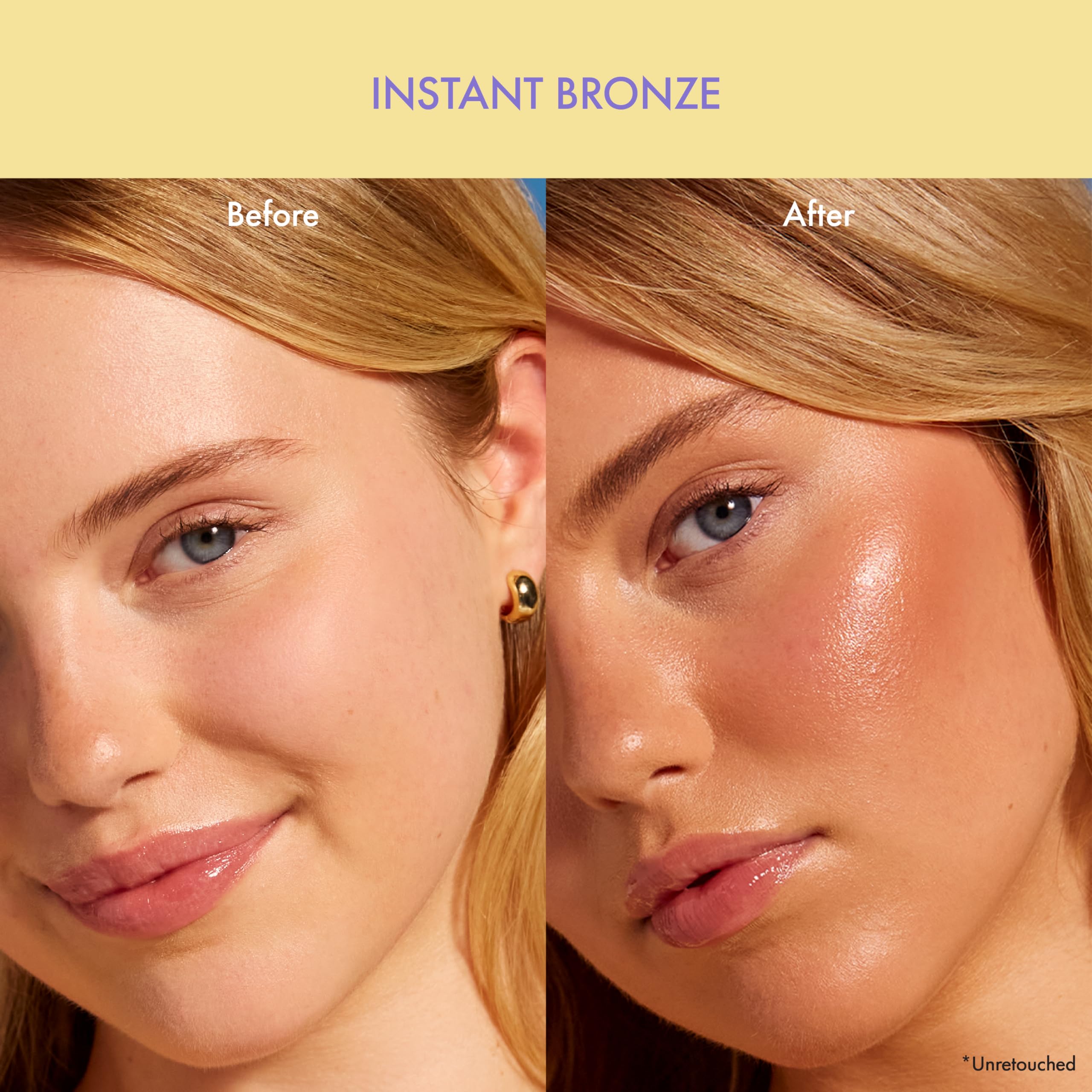 Sunny Serum applied to cheek for even tone and radiance.
