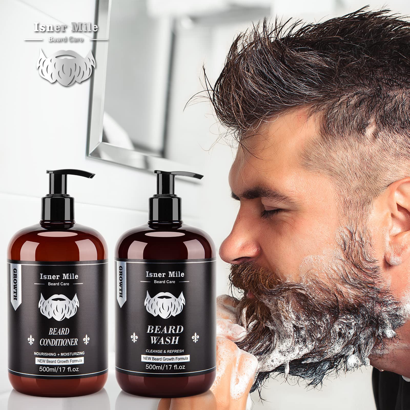 Product display of ISNER MILE beard care set on sink