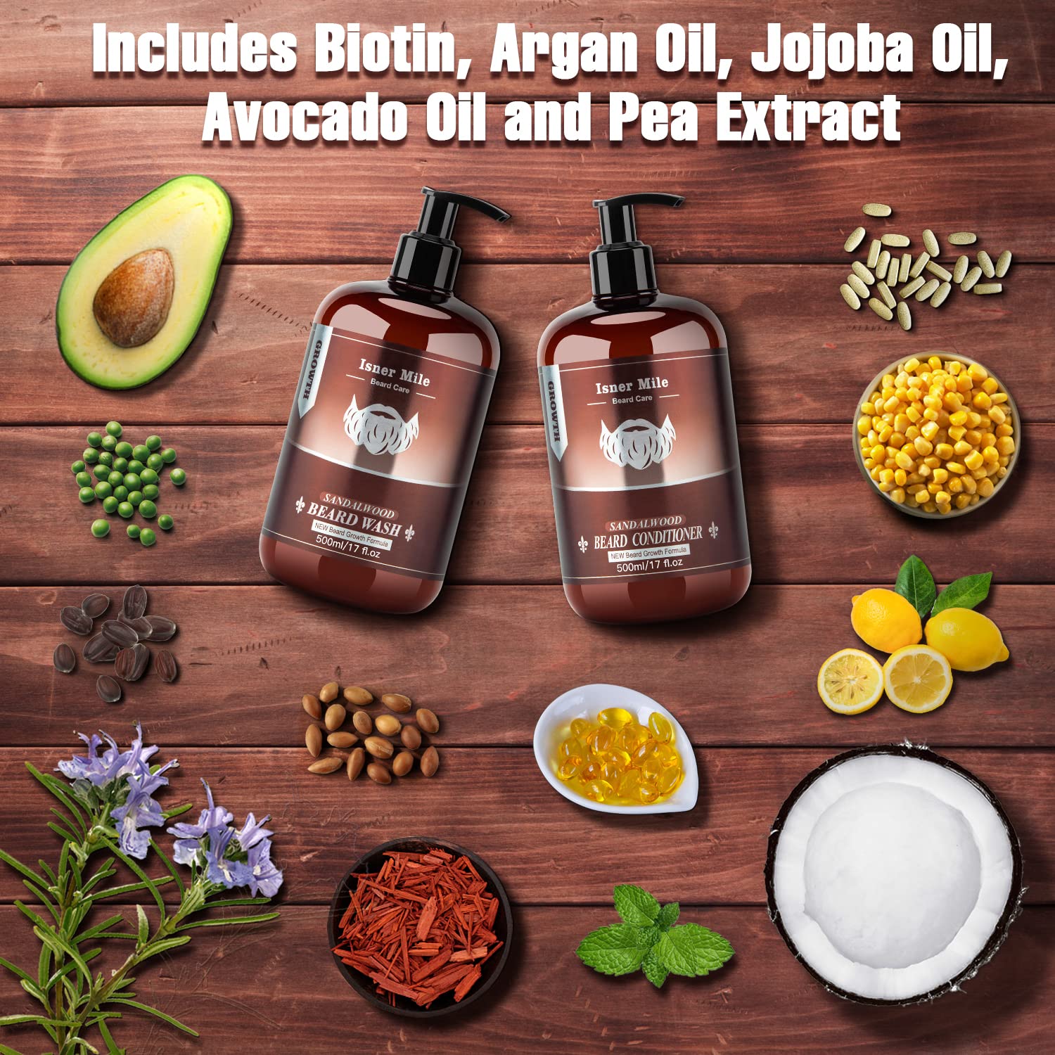 ISNER MILE beard wash close-up highlighting biotin, shea, and pea nourishment