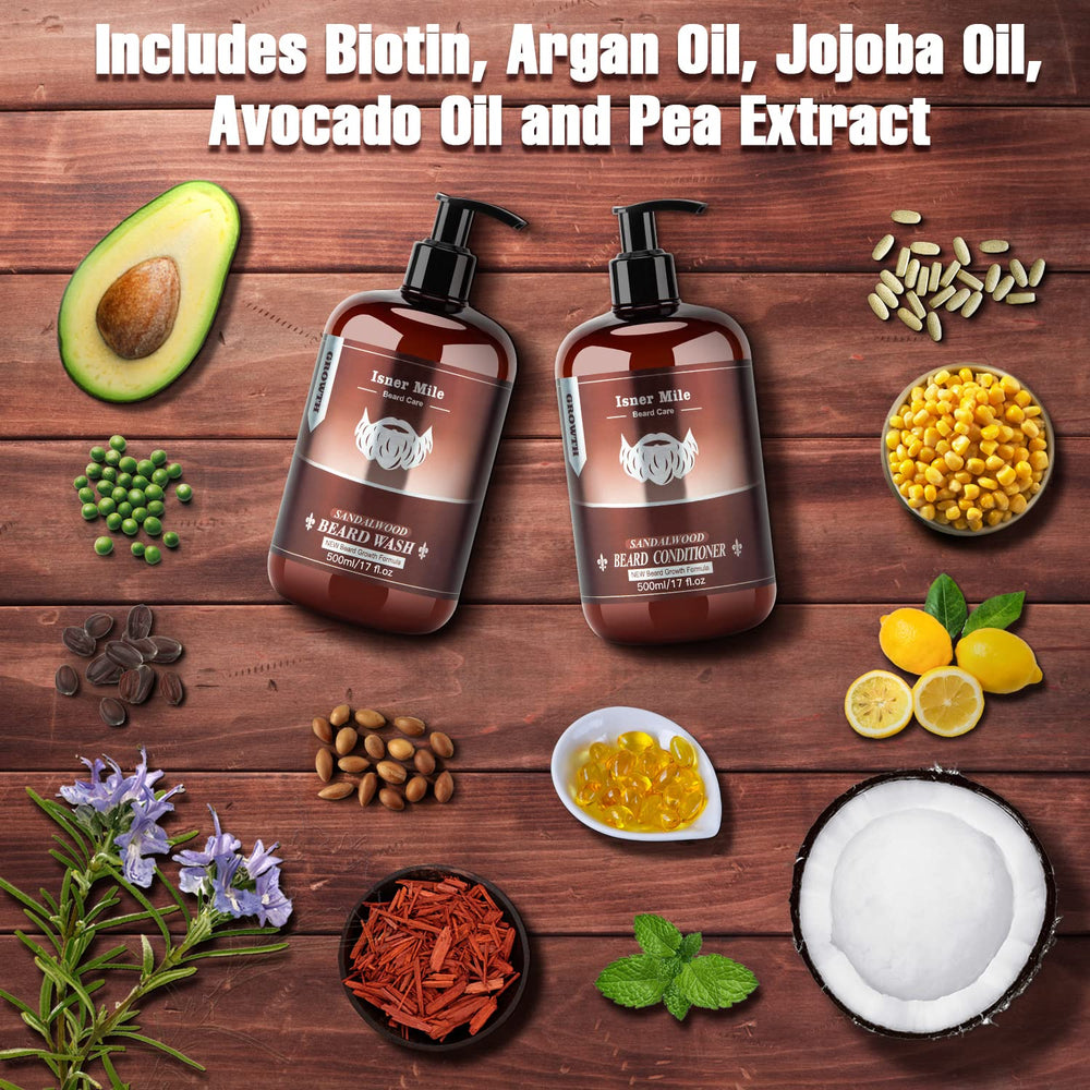 ISNER MILE beard wash close-up highlighting biotin, shea, and pea nourishment