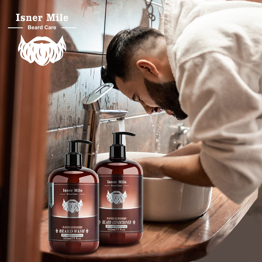 ISNER MILE man applying beard wash in routine shot