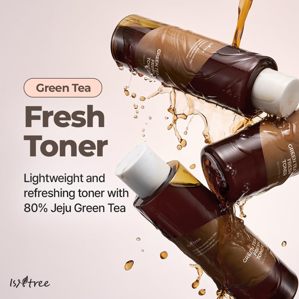 ISNTREE Tónico Fresco de Té Verde, textura ligera que se absorbe de inmediato.