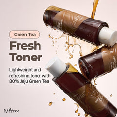 ISNTREE Tónico Fresco de Té Verde, textura ligera que se absorbe de inmediato.