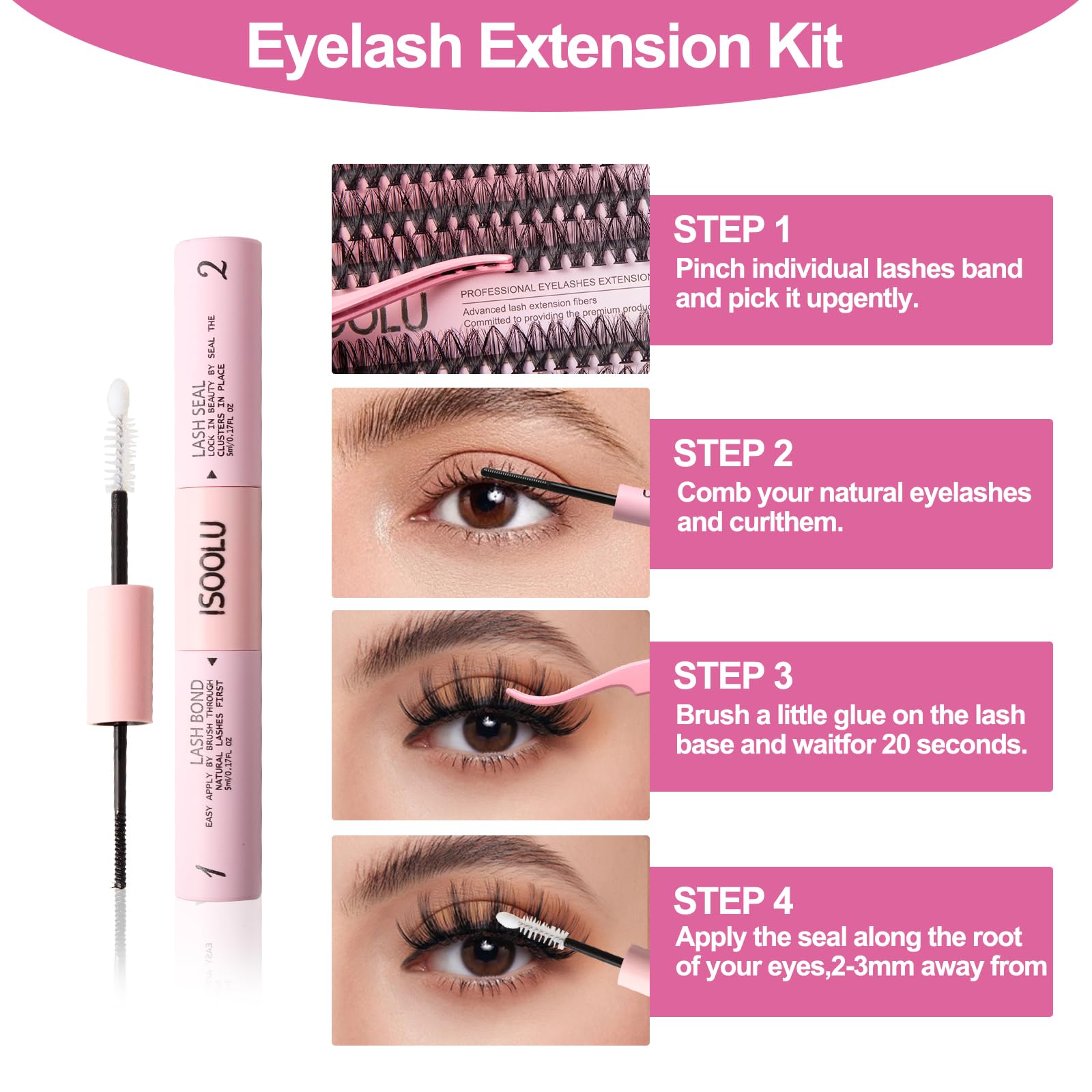 ISOOOLU DIY lash application process shown for easy at-home use.