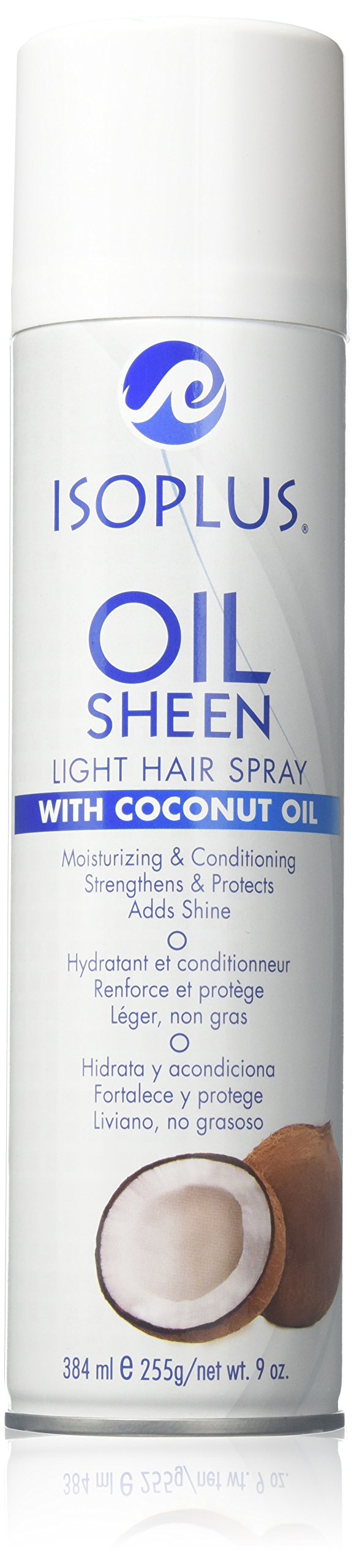 Isoplus Brillo ligero en aerosol con coco para cabello, controla el frizz.