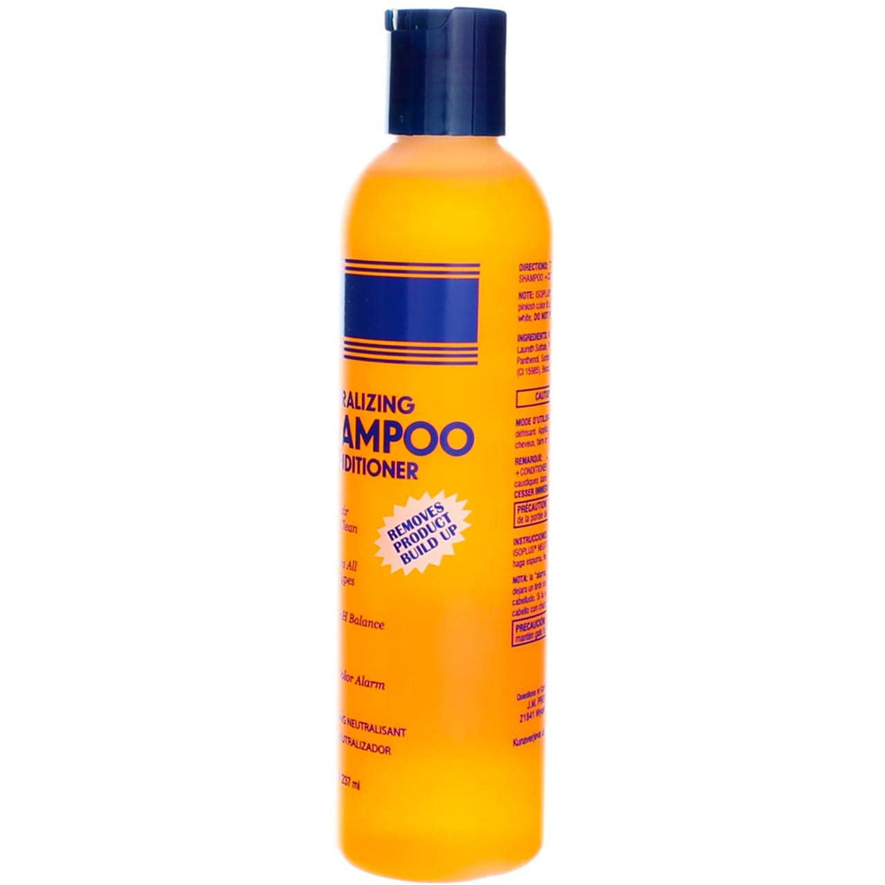 Isoplus Neutralizing Shampoo label highlighting residue removal after relaxer