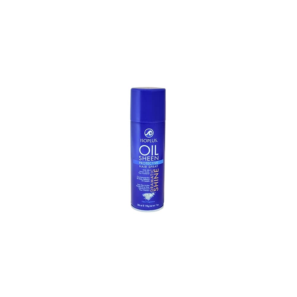 Isoplus Oil Sheen Regular Conditioning Hair Spray bottle showing shine and moisture benefits.