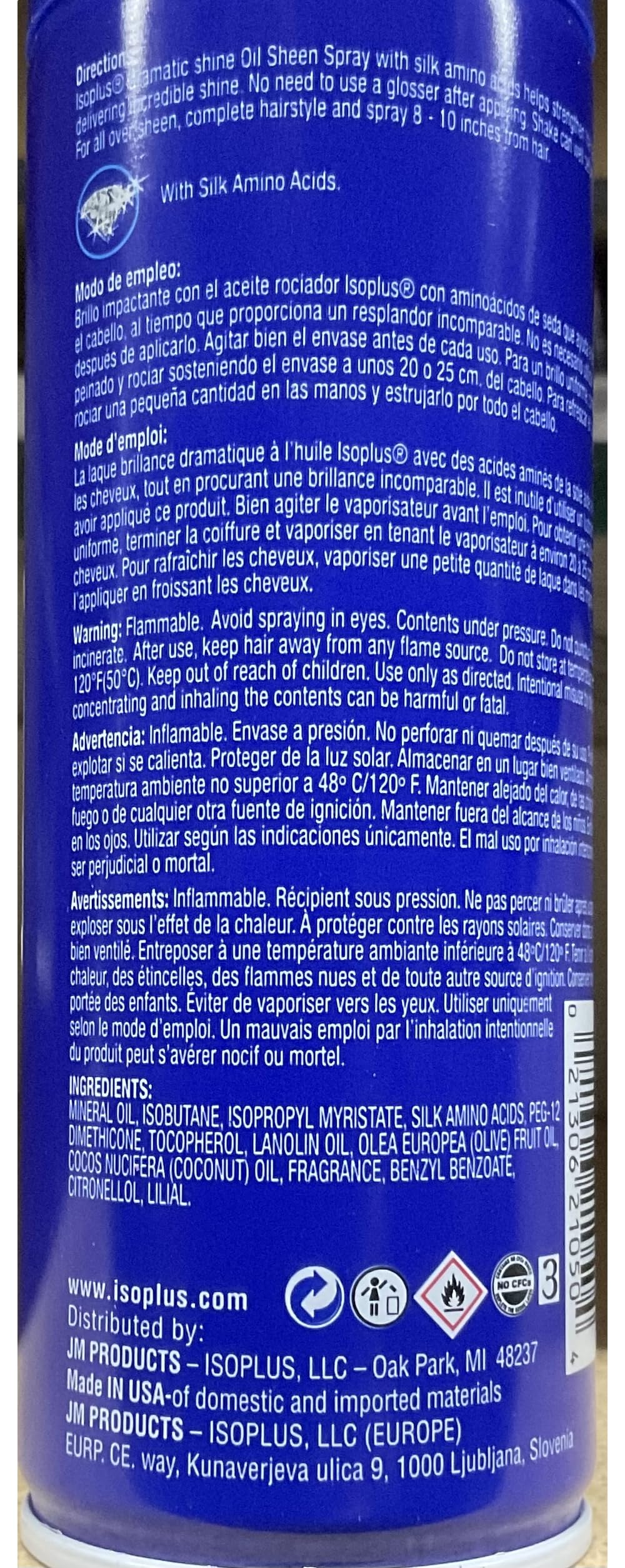 Isoplus Oil Sheen 7oz packshot highlighting portable conditioning spray for daily use.