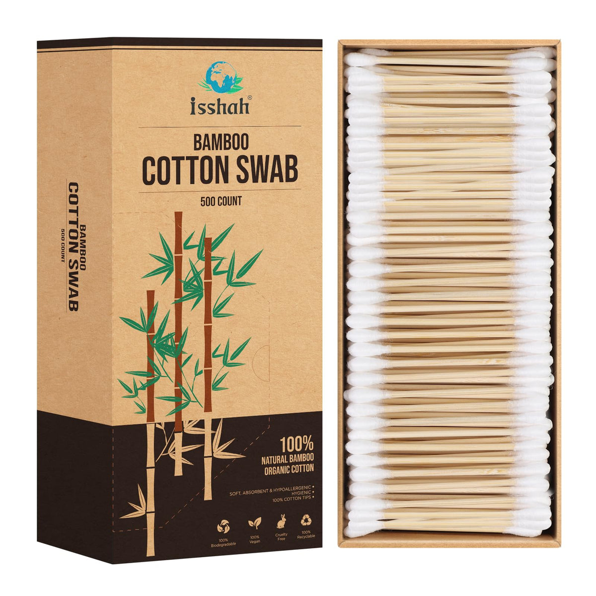 Isshah bamboo cotton swabs in a 500-pack box for plastic-free everyday care