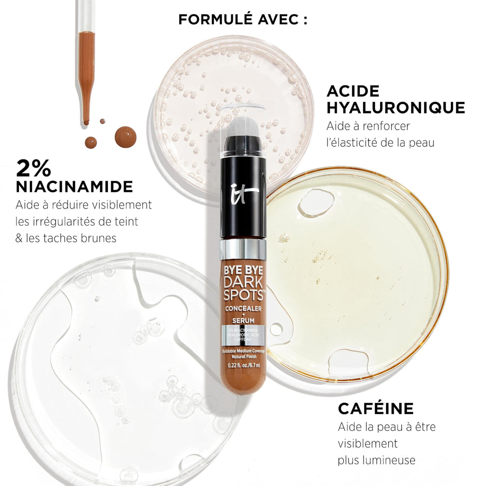 IT Cosmetics Bye Bye Dark Spots Concealer + Brightening Serum applied to targeted areas for coverage.