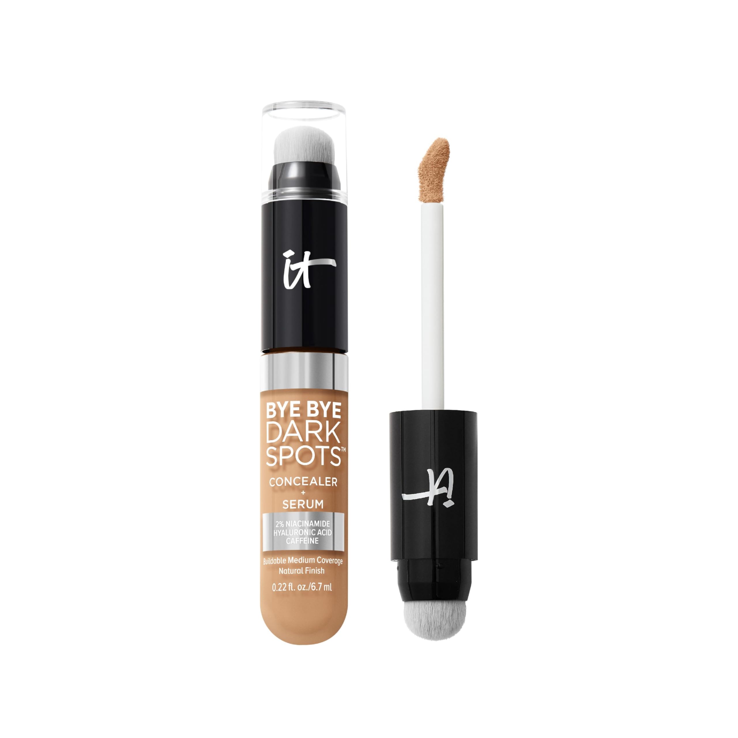IT Cosmetics Bye Bye Dark Spots Concealer + Brightening Serum bottle in sleek packaging for travel touch-ups.