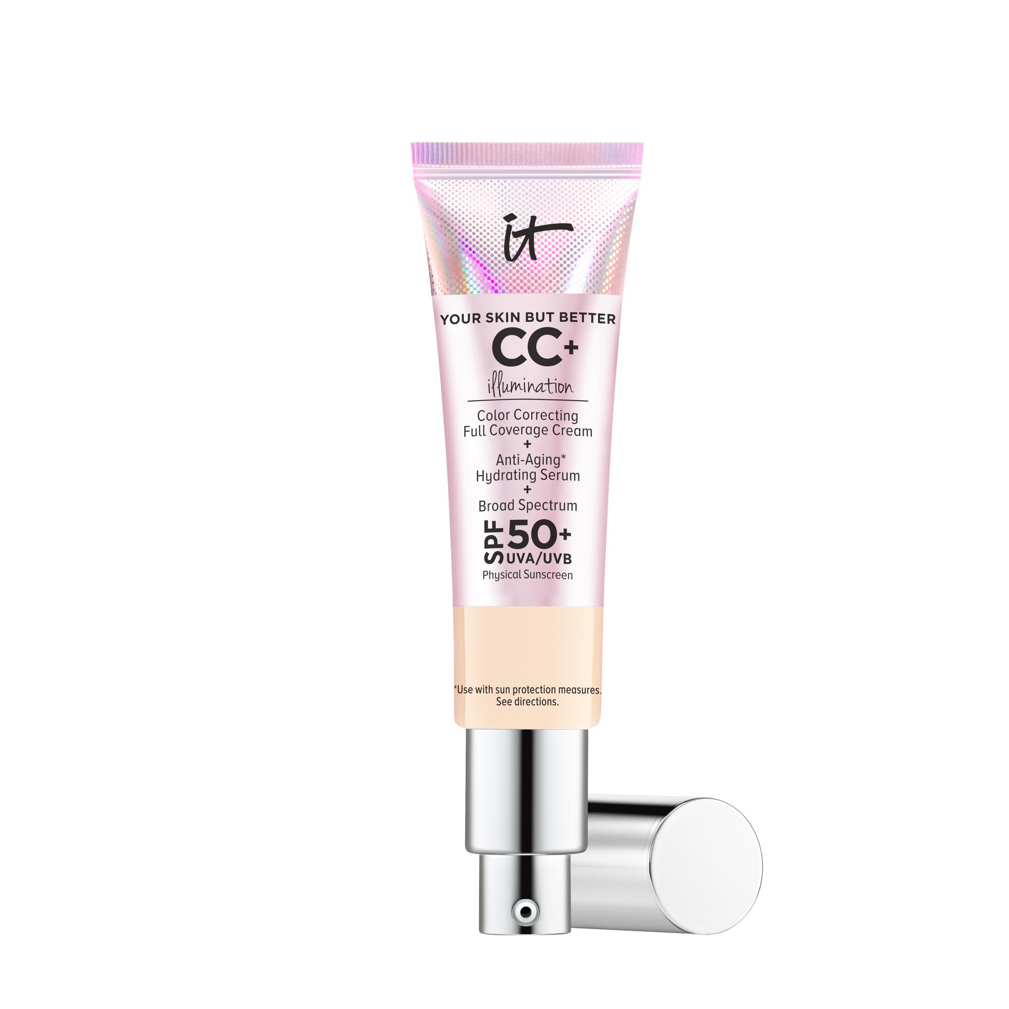 IT Cosmetics CC+ Illumination bottle pump shows hydrating full-coverage with SPF 50+