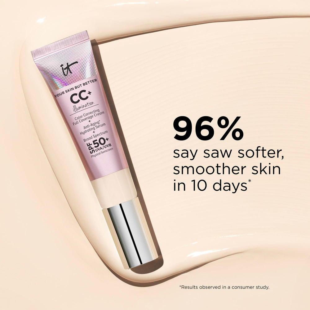 Close-up of IT Cosmetics CC+ Cream Illumination Fair coverage on skin finish