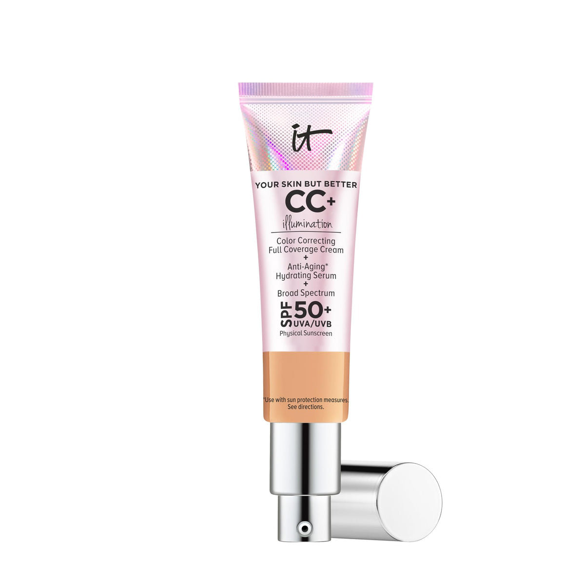 IT Cosmetics CC+ Cream Illumination Neutral Tan bottle for natural glow and full coverage.