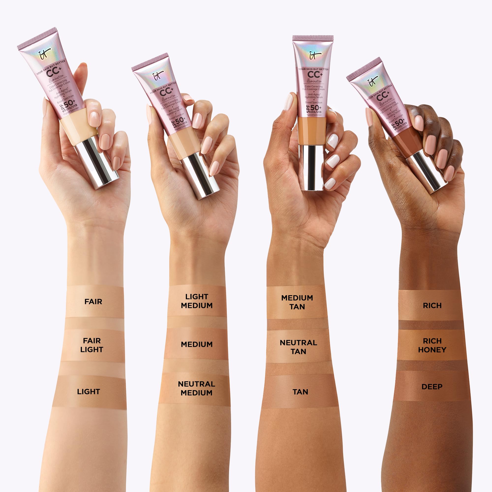 IT Cosmetics CC+ Cream Illumination Neutral Tan on-face application demonstrates buildable coverage.