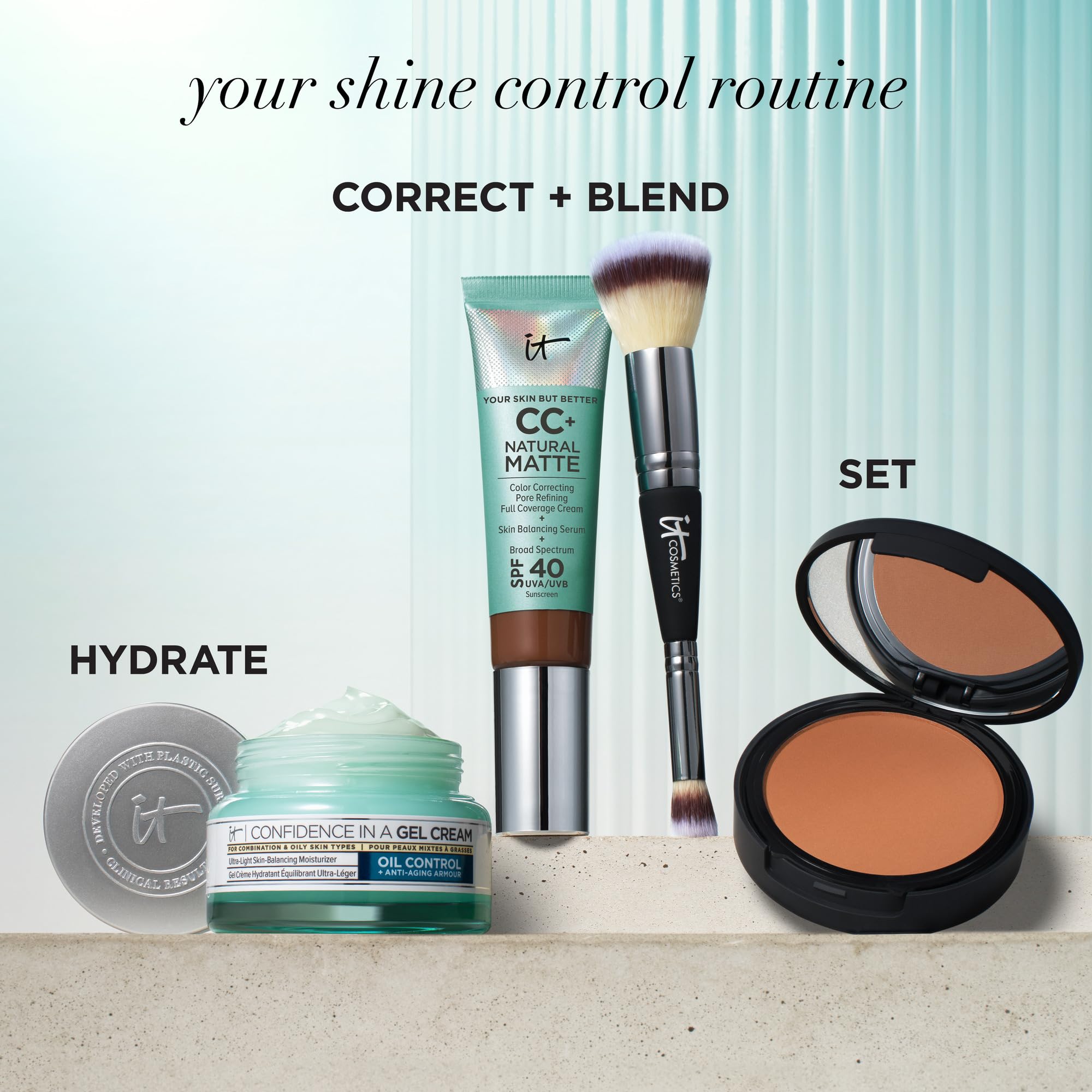 Matte finish detail highlights shine-control properties of IT Cosmetics CC+ Natural Matte.