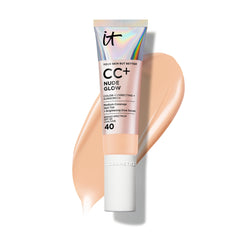 IT Cosmetics CC+ Nude Glow bottle with pump, easy application and lightweight coverage.