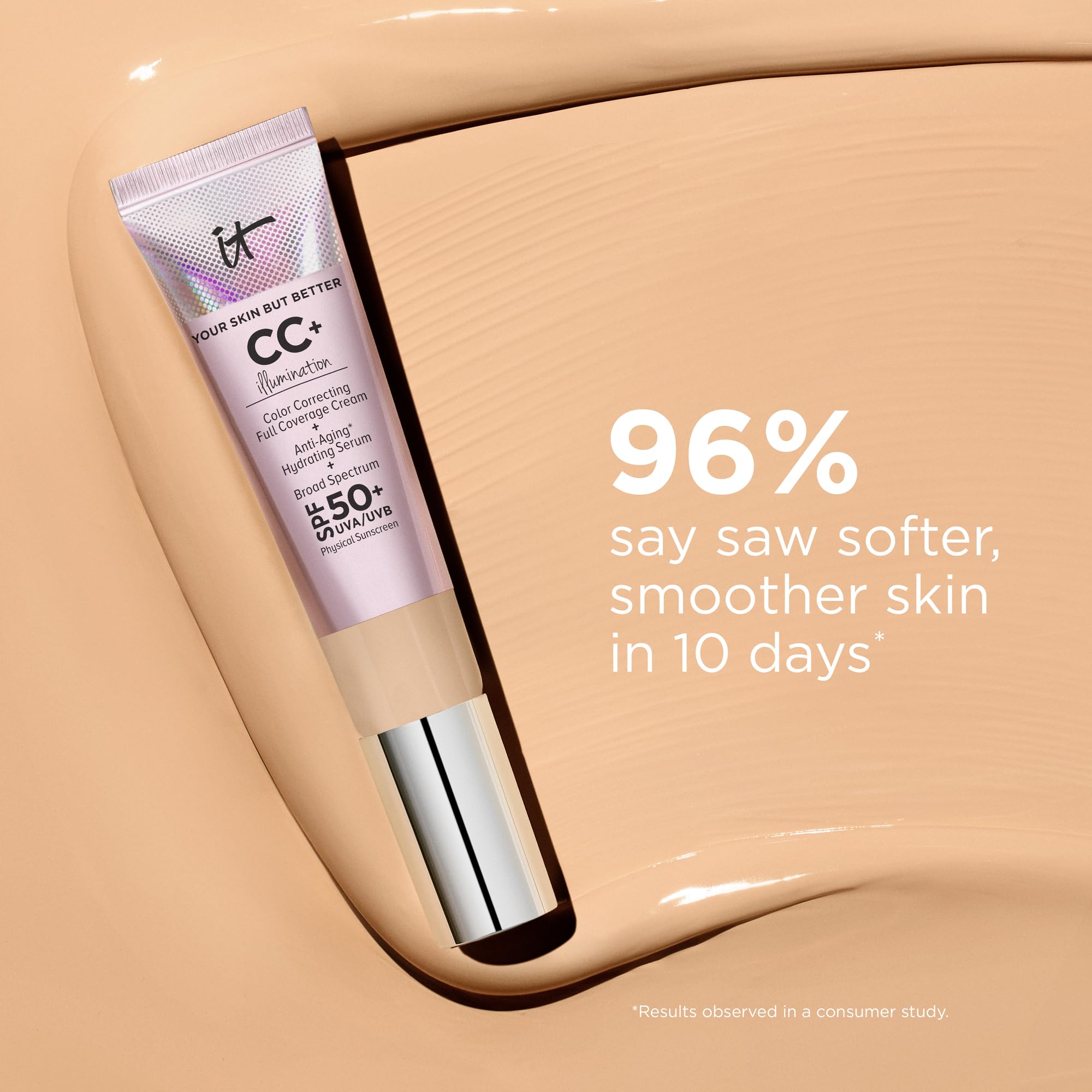 IT Cosmetics CC+ Illumination on skin reducing appearance of pores and redness.