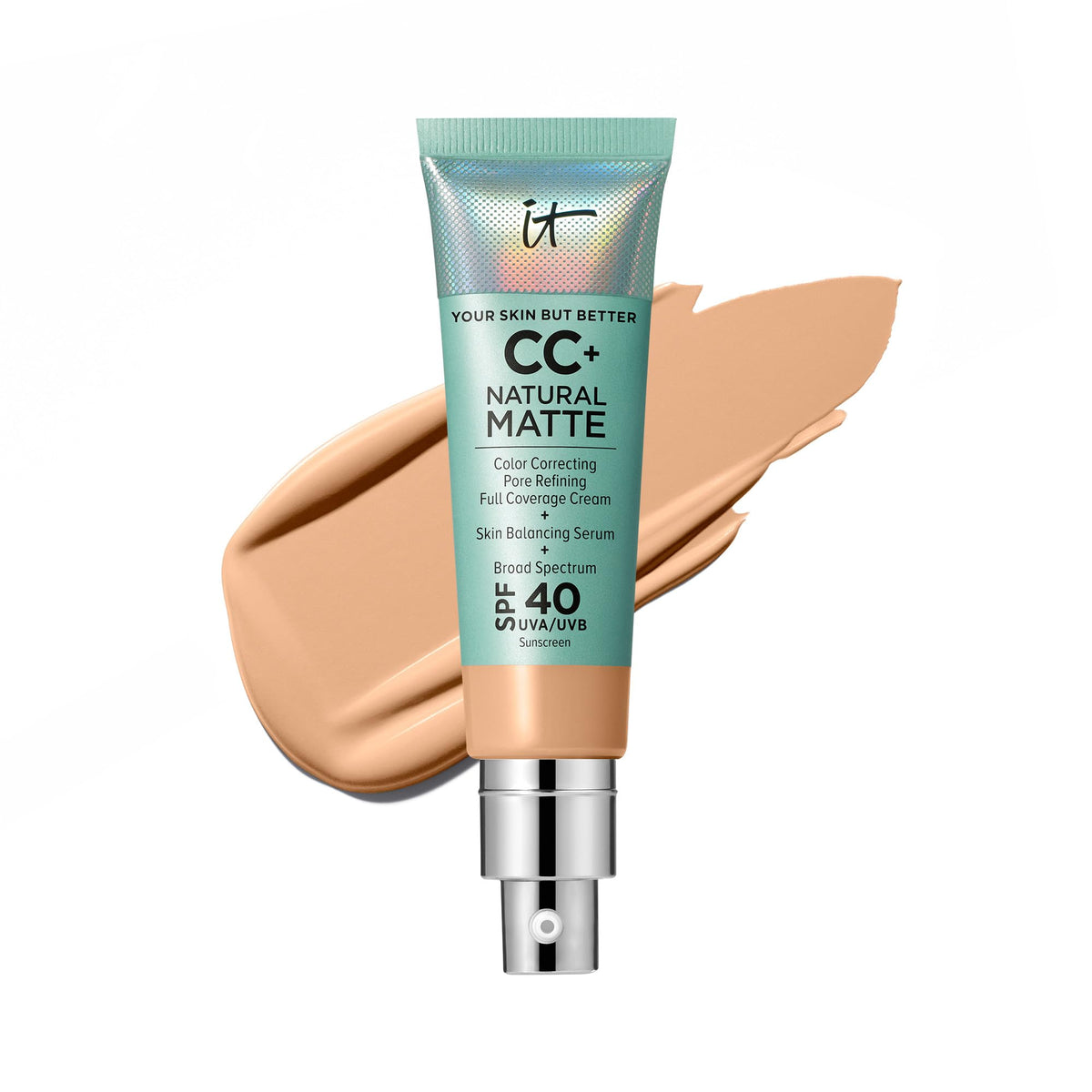 IT Cosmetics CC+ Natural Matte bottle with SPF 40 and a poreless matte finish.