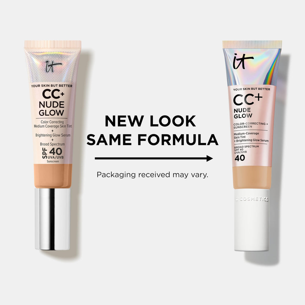 IT Cosmetics CC+ Nude Glow on skin with SPF 40 protection and natural glow.