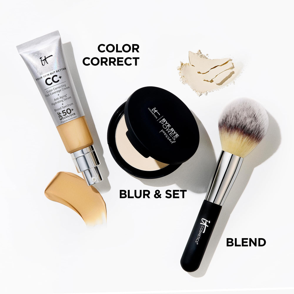 IT Cosmetics close-up shows a refined, skin-smoothing finish after powder.