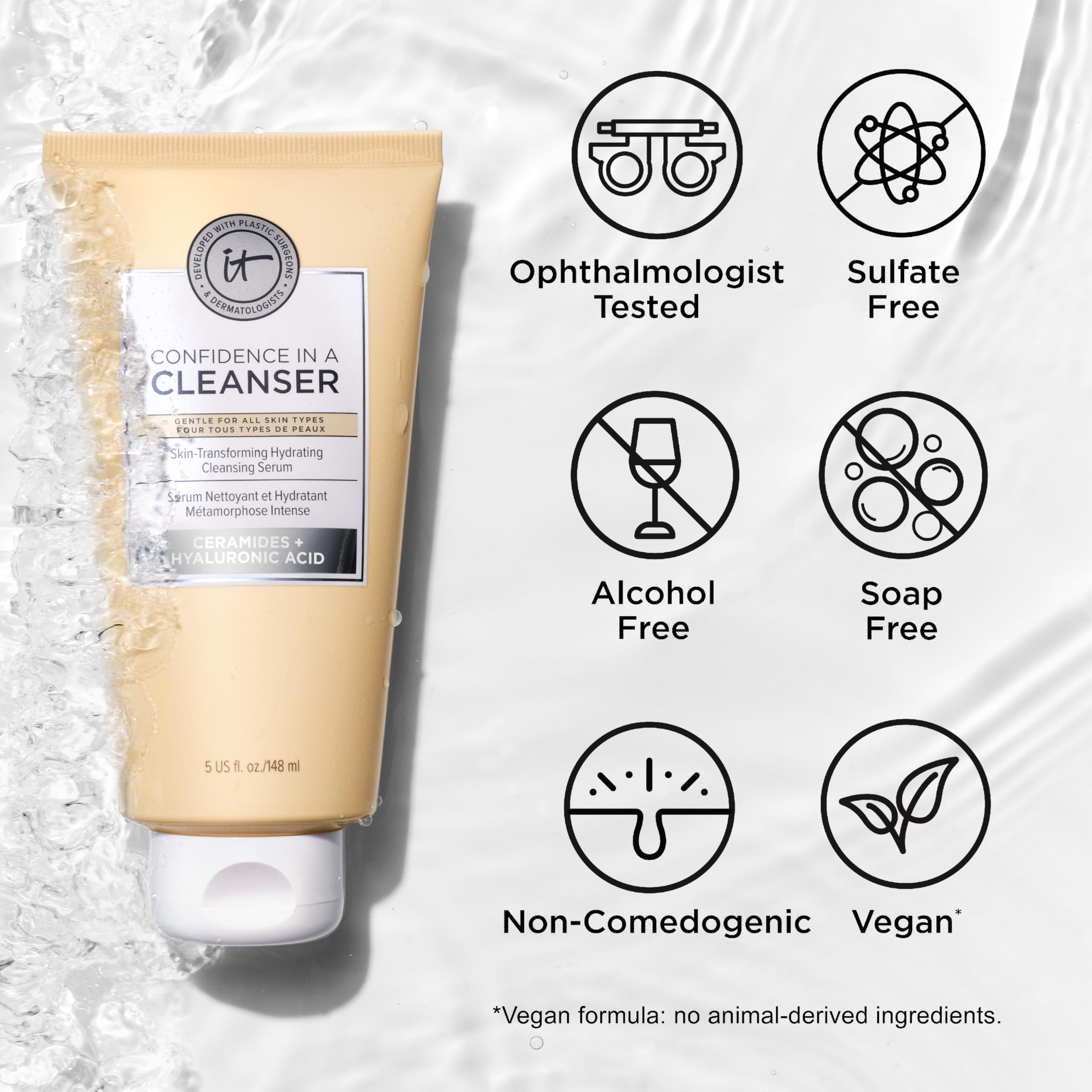 IT Cosmetics Confidence in a Cleanser sulfate-free label indicating gentle formula