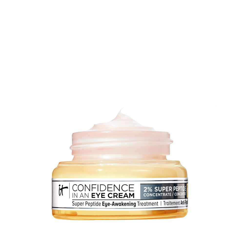 IT Cosmetics Confidence in an Eye Cream bottle close-up highlighting the peptide formula for hydration.
