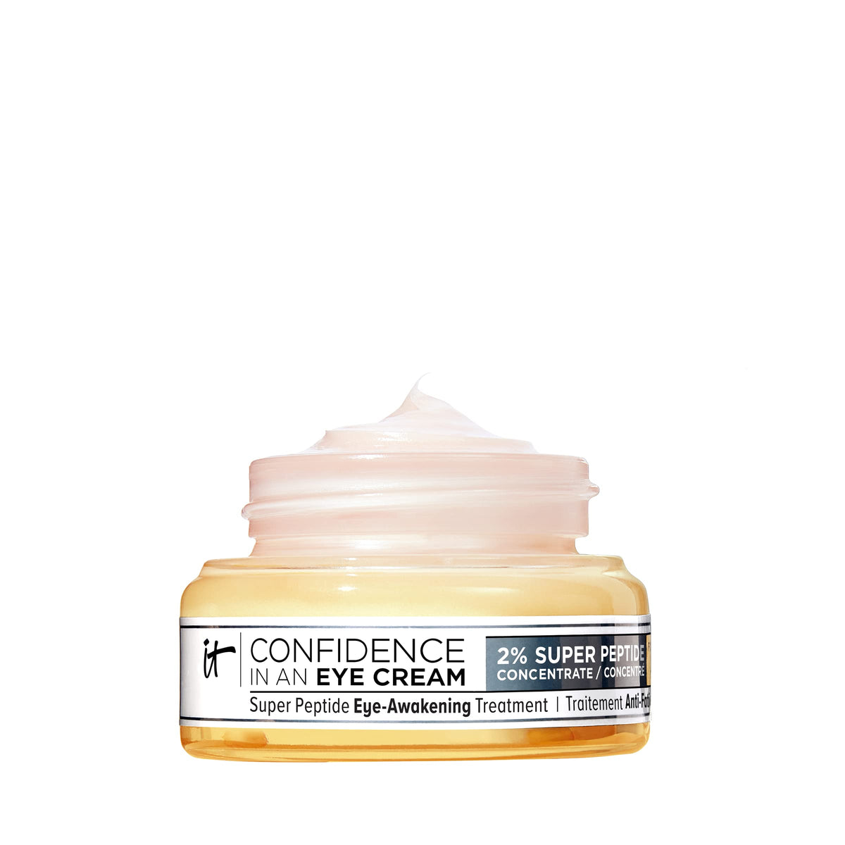 IT Cosmetics Confidence in an Eye Cream bottle close-up highlighting the peptide formula for hydration.