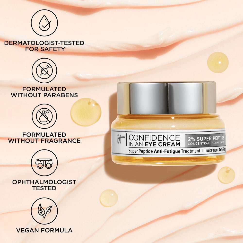 IT Cosmetics Confidence in an Eye Cream peptide blend supports eye-area barrier and elasticity.