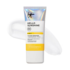 IT Cosmetics Hello Sunshine bottle front view showing clear SPF 50 protection.