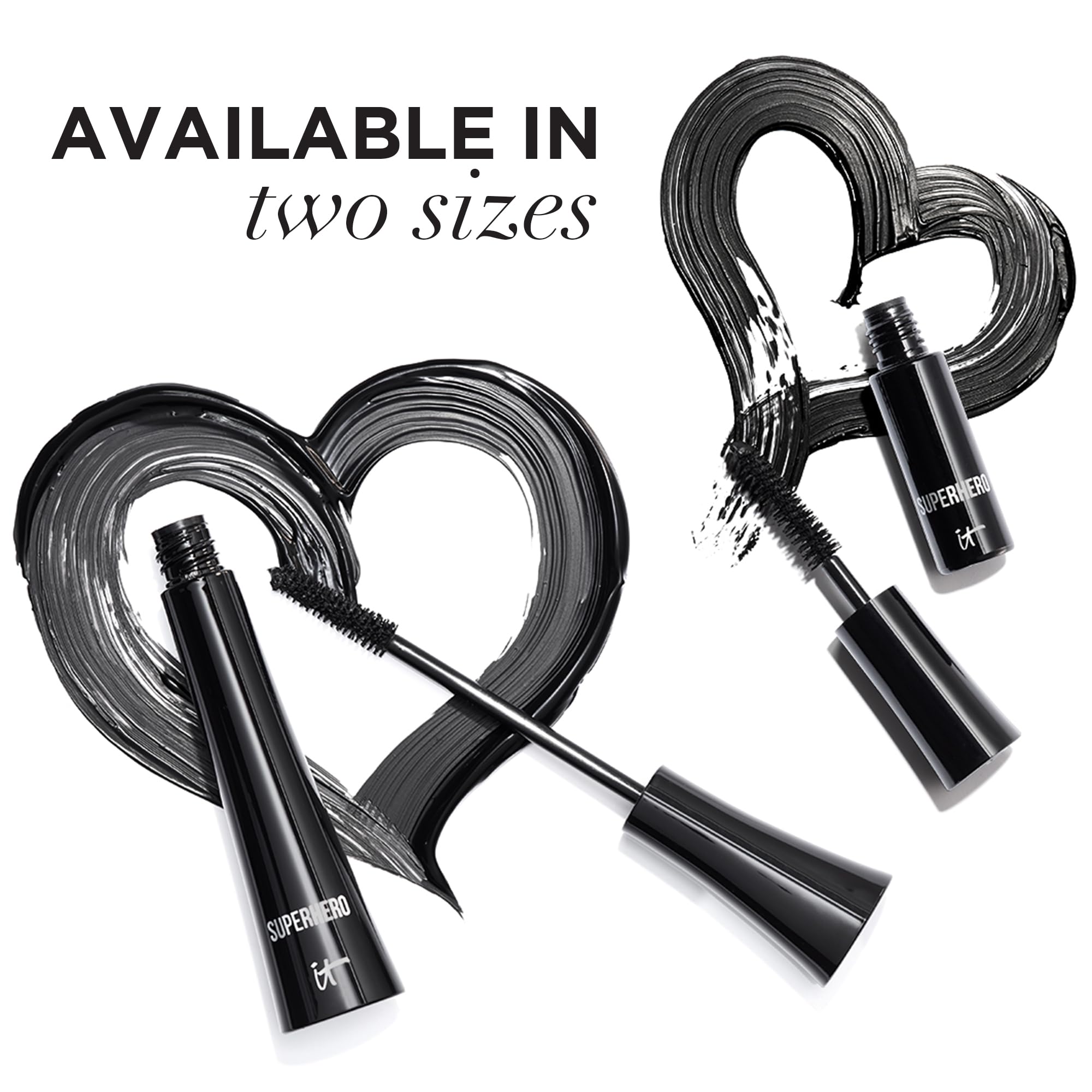 Envase compacto y elegante de IT Cosmetics Superhero Mascara para uso diario.