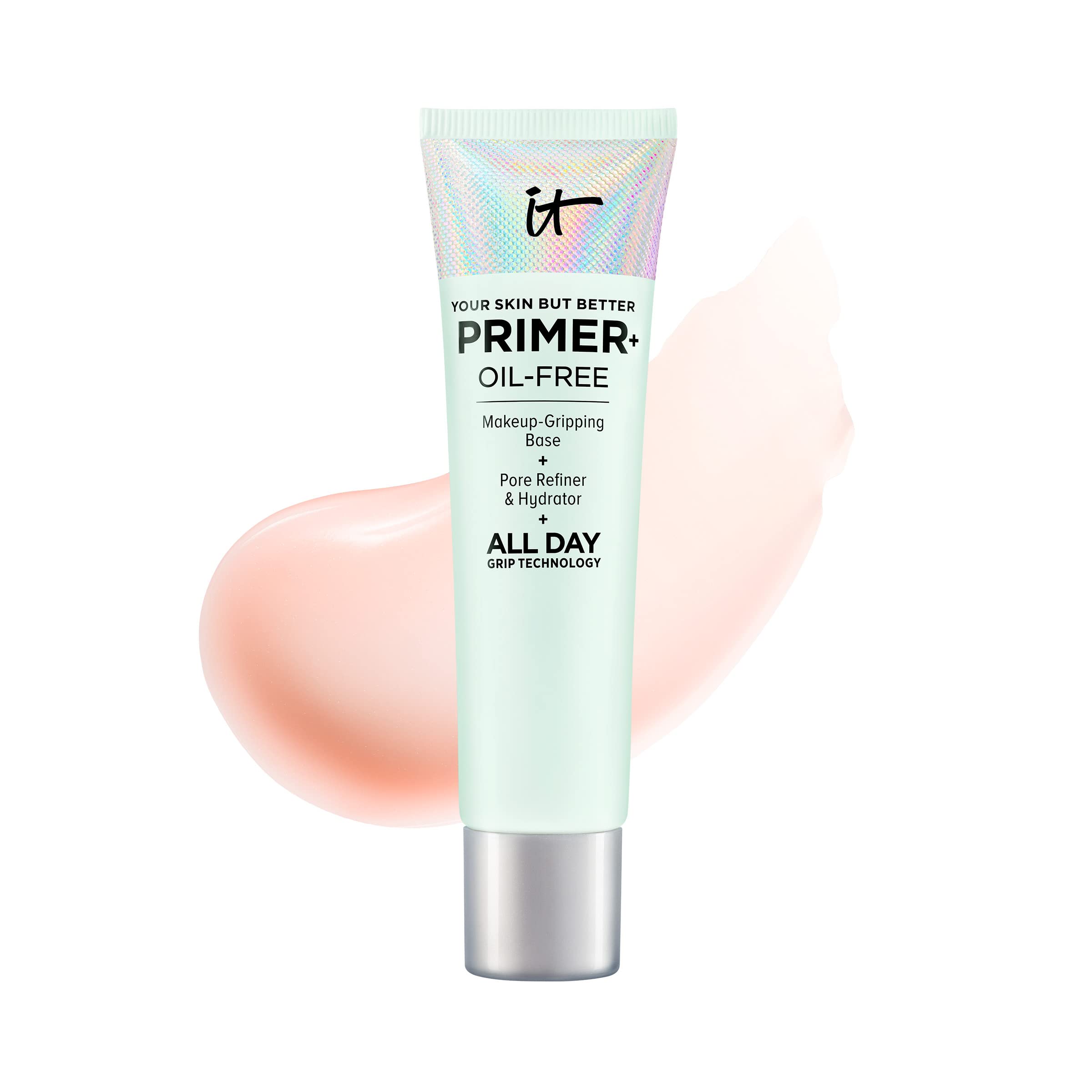 IT Cosmetics Your Skin But Better Primer+ bottle closeup for hydrated makeup wear