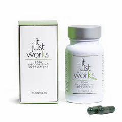 It Just Works bottle on table signaling whole body freshness and natural formula