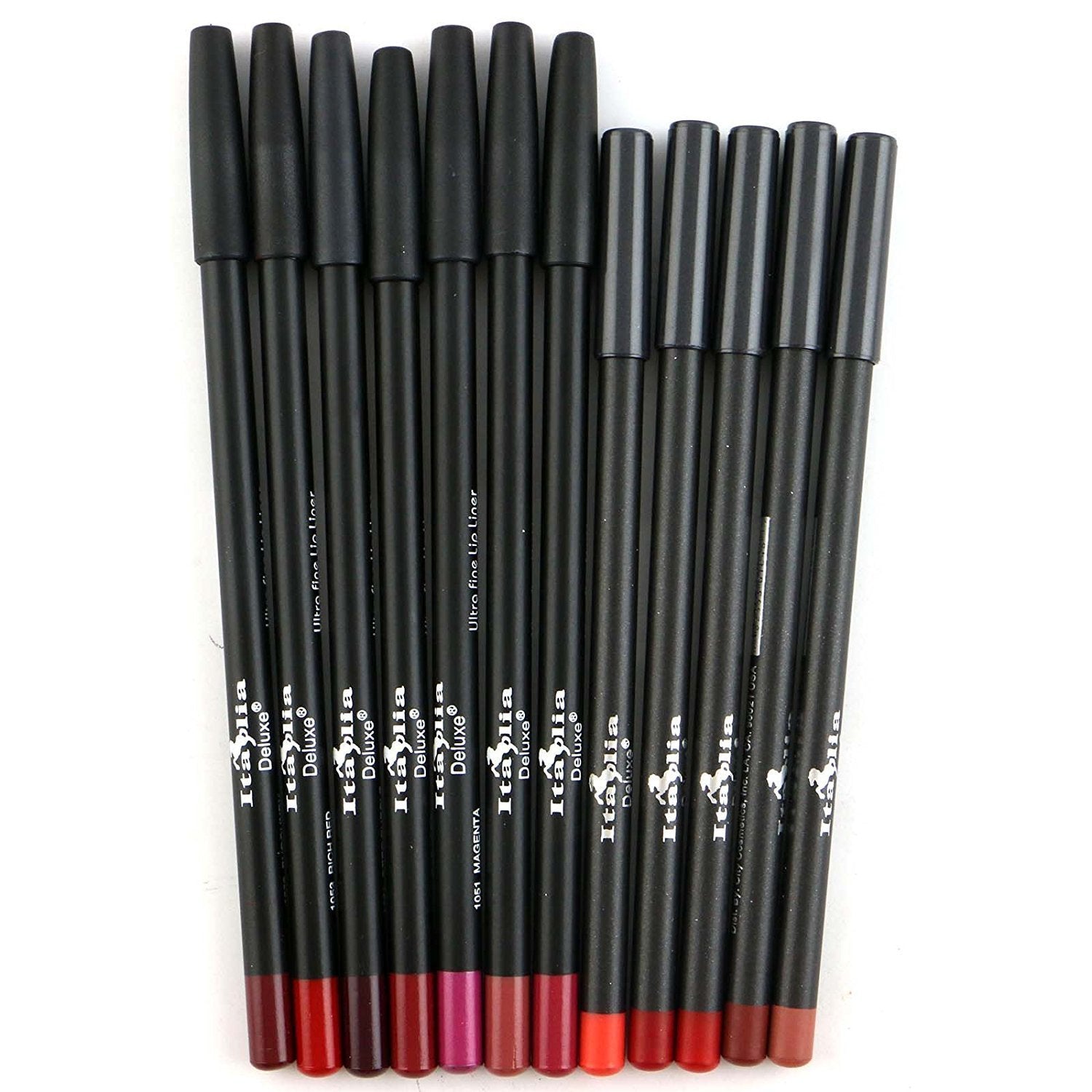 Italia Deluxe lip liner swatches highlighting creamy, pigmented formula for smooth application.