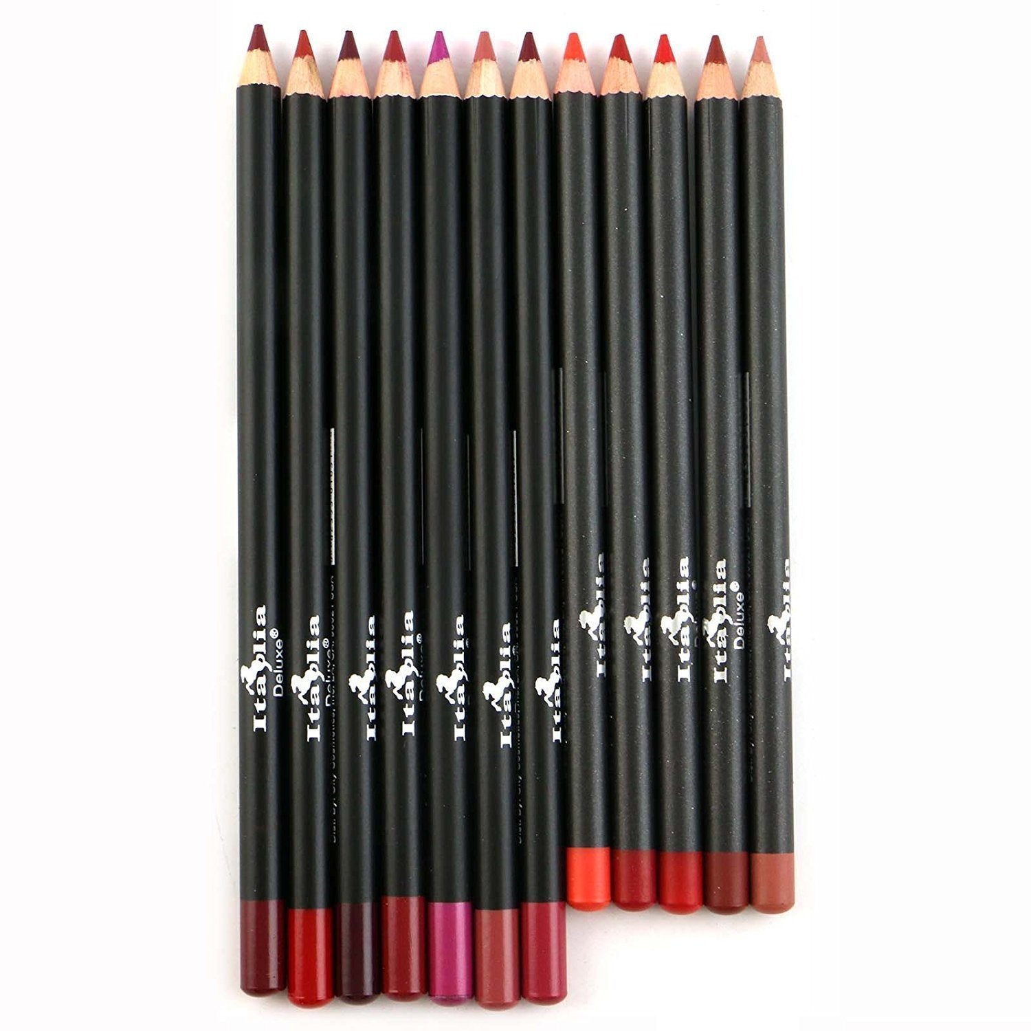 Italia Deluxe Ultra Fine Lip Liner 12-color set display with vibrant pigment options for precise outlining.