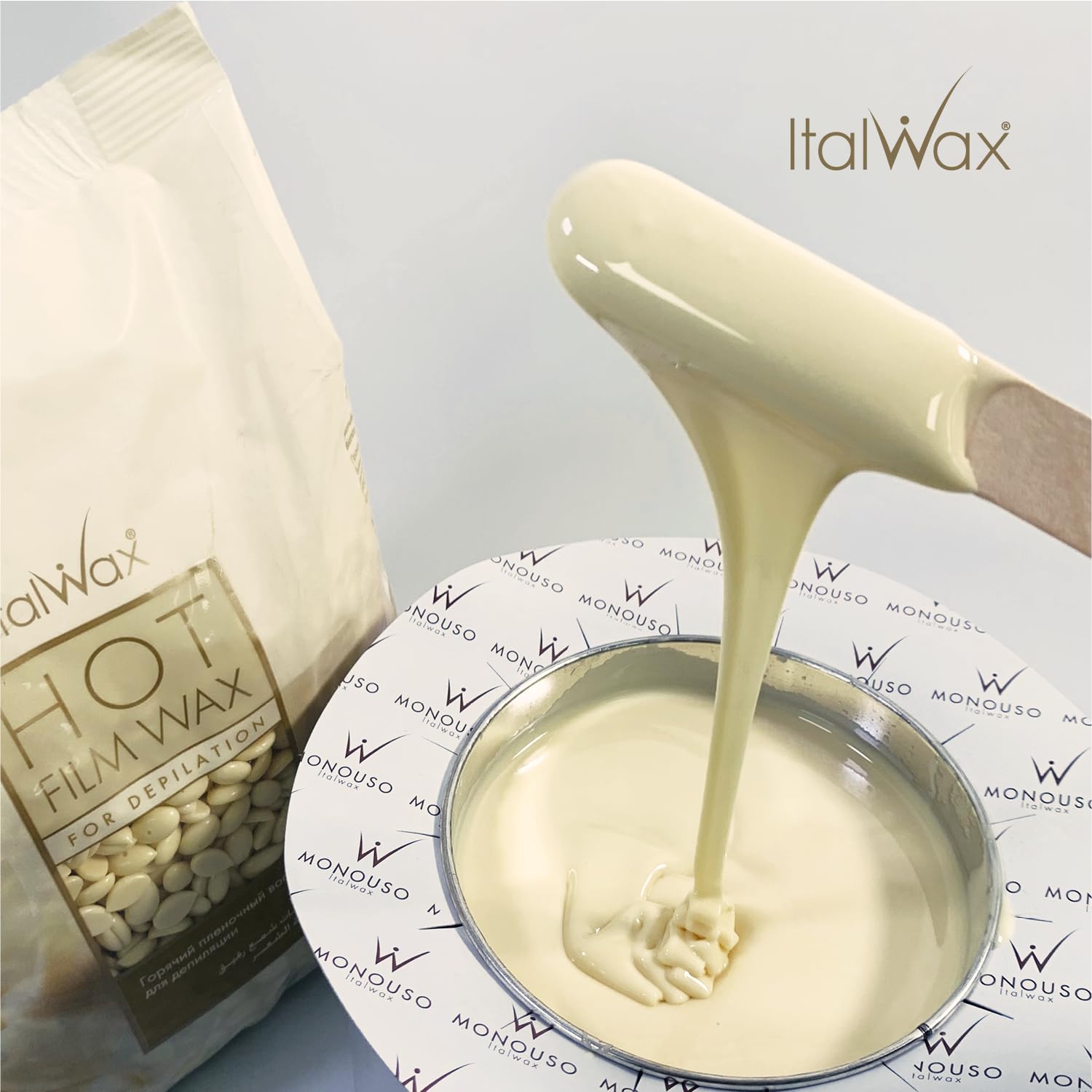 Natural formulation highlighted in Italwax packaging with vanilla scent.