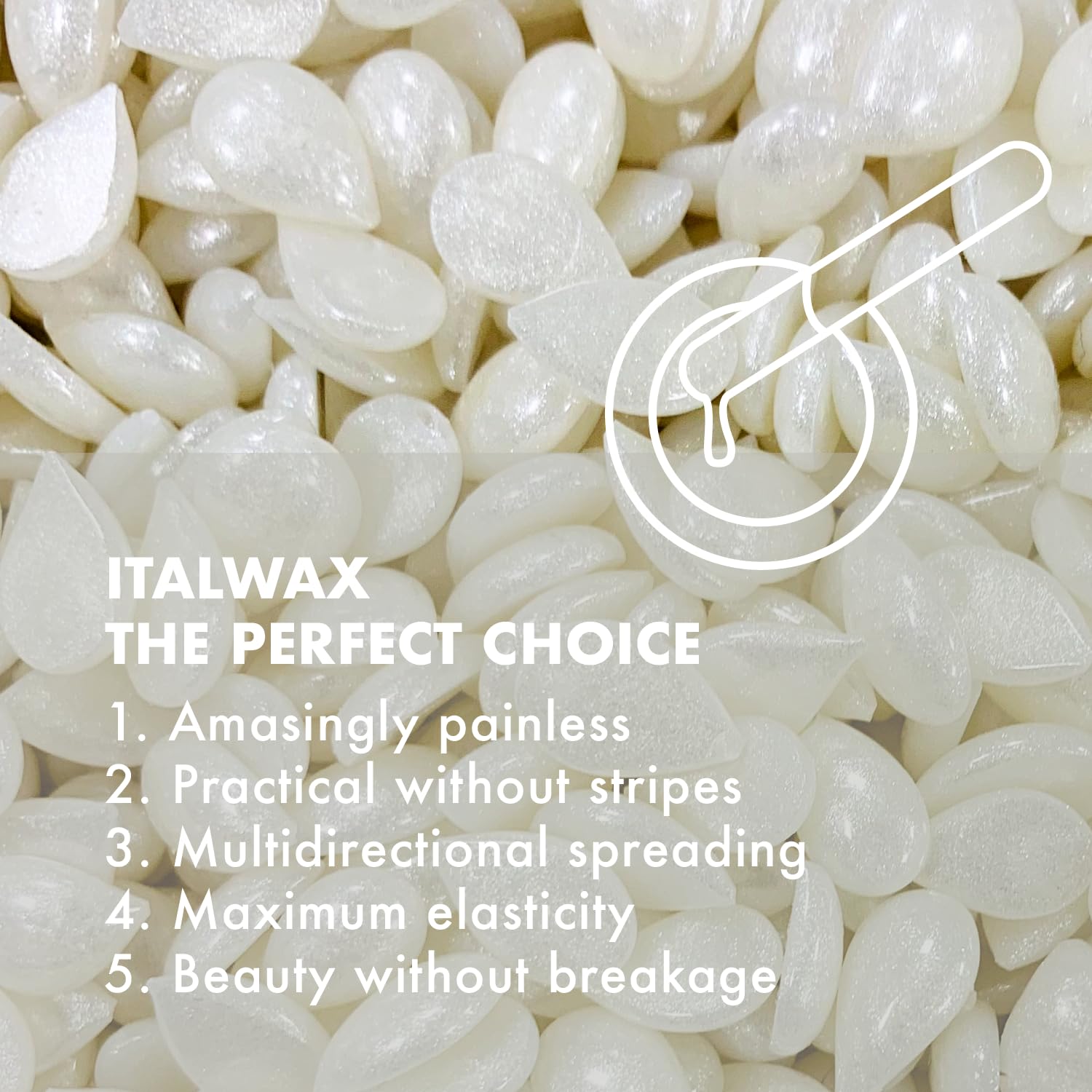 Italwax Top Line Crystal hard wax beads highlight ease of removal and controlled layering for professionals.