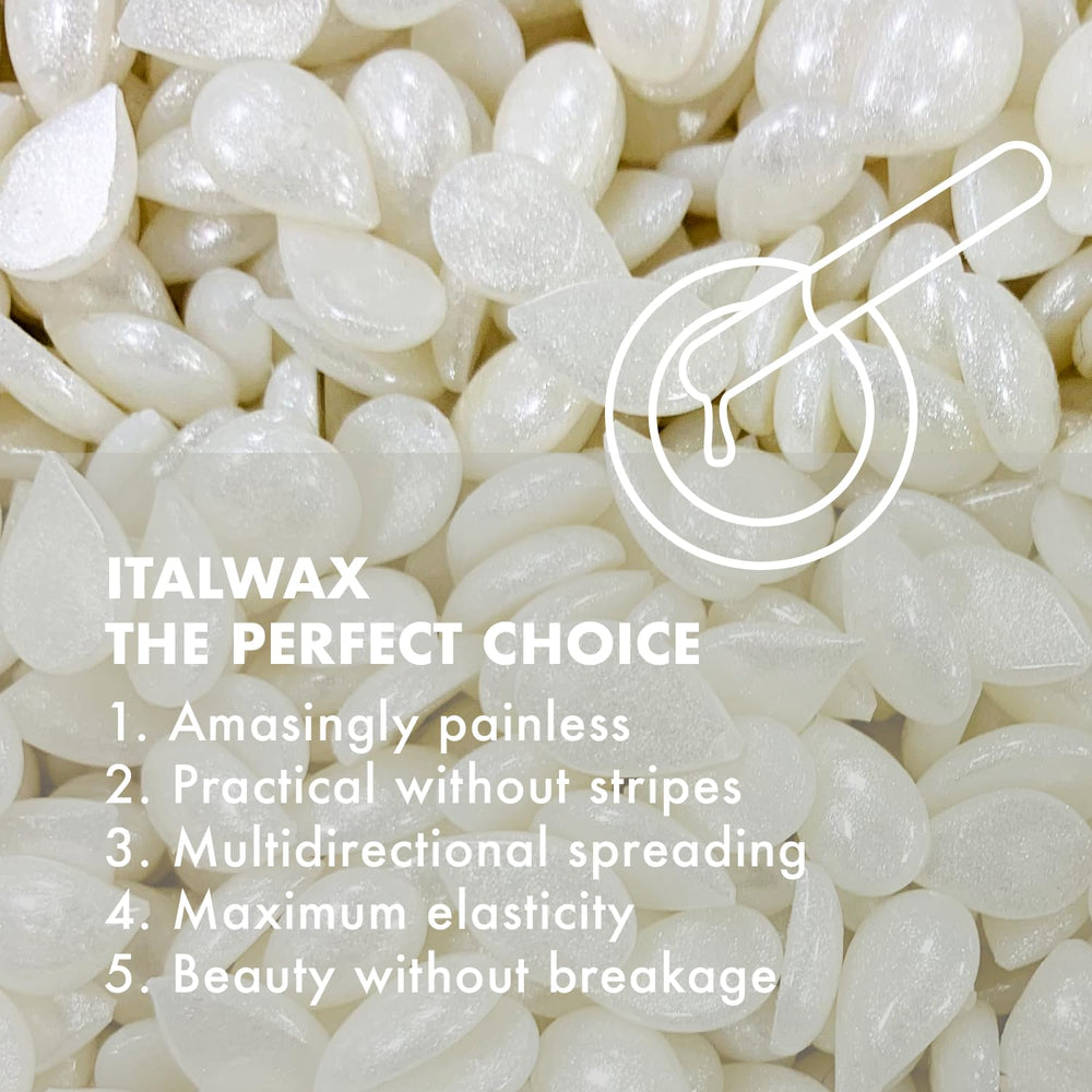 Italwax Top Line Crystal hard wax beads highlight ease of removal and controlled layering for professionals.