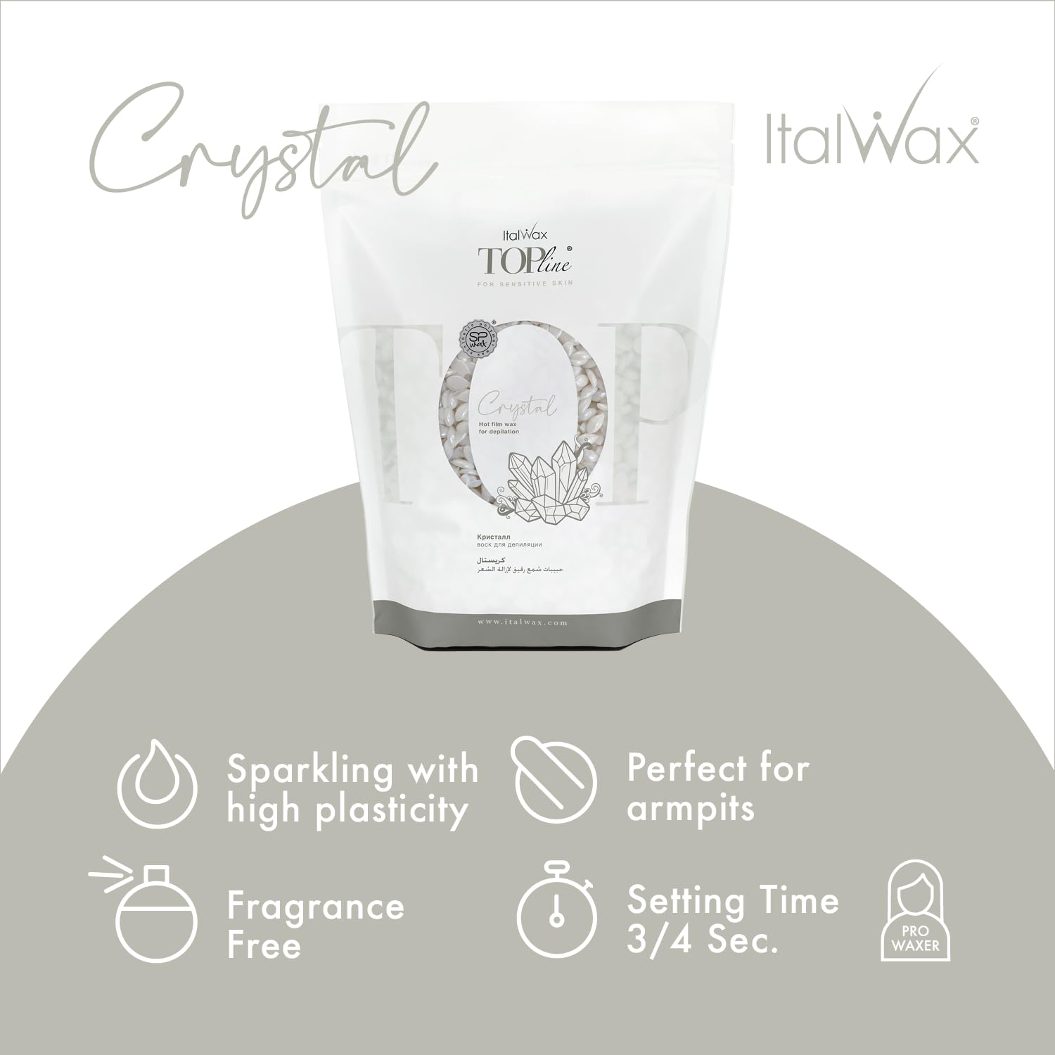 Italwax Top Line Crystal unscented wax beads suitable for sensitive facial skin.