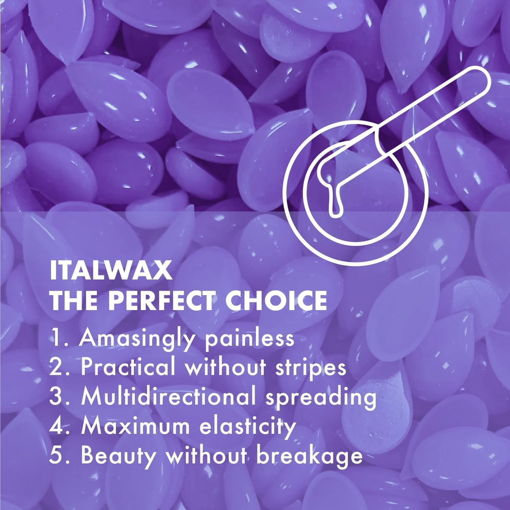 Italwax Orchid wax beads featuring fast-setting visual indicator for timing removal.