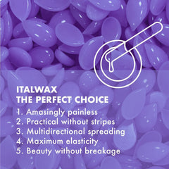 Italwax Orchid wax beads featuring fast-setting visual indicator for timing removal.