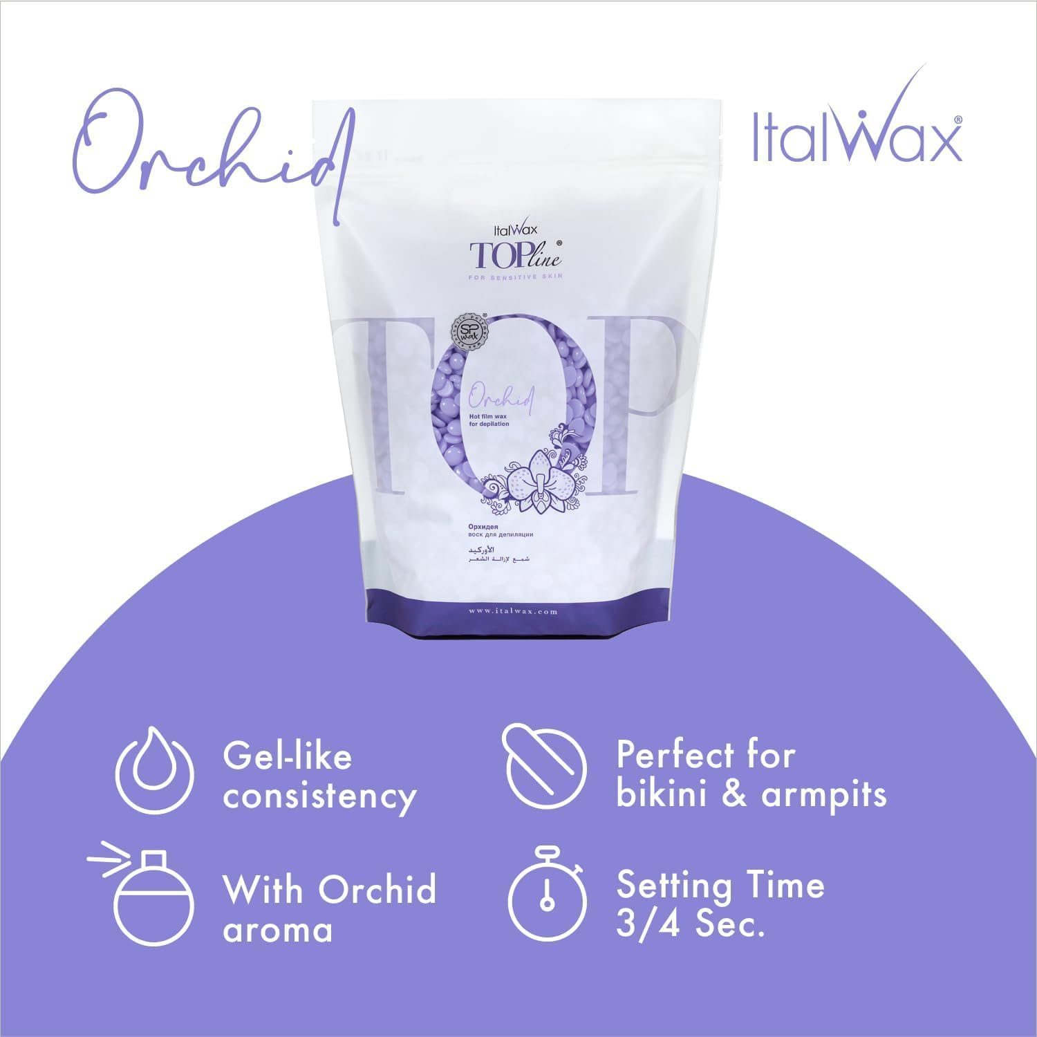 Italwax Orchid wax beads emitting floral fragrance for a refined waxing experience.