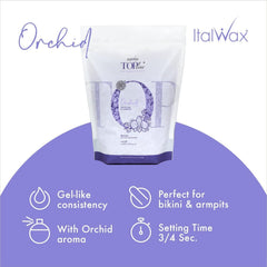 Italwax Orchid wax beads emitting floral fragrance for a refined waxing experience.
