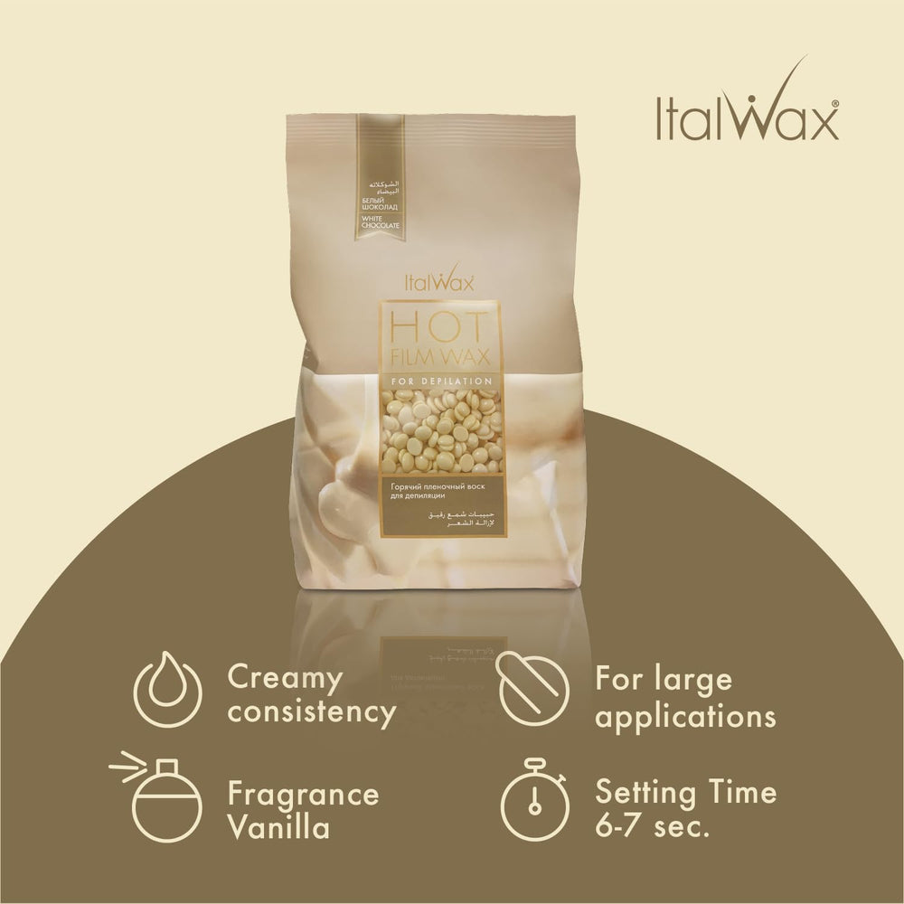 Italwax White Chocolate beads close-up, vanilla aroma ready for comfortable waxing sessions.