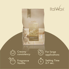 Italwax White Chocolate beads close-up, vanilla aroma ready for comfortable waxing sessions.