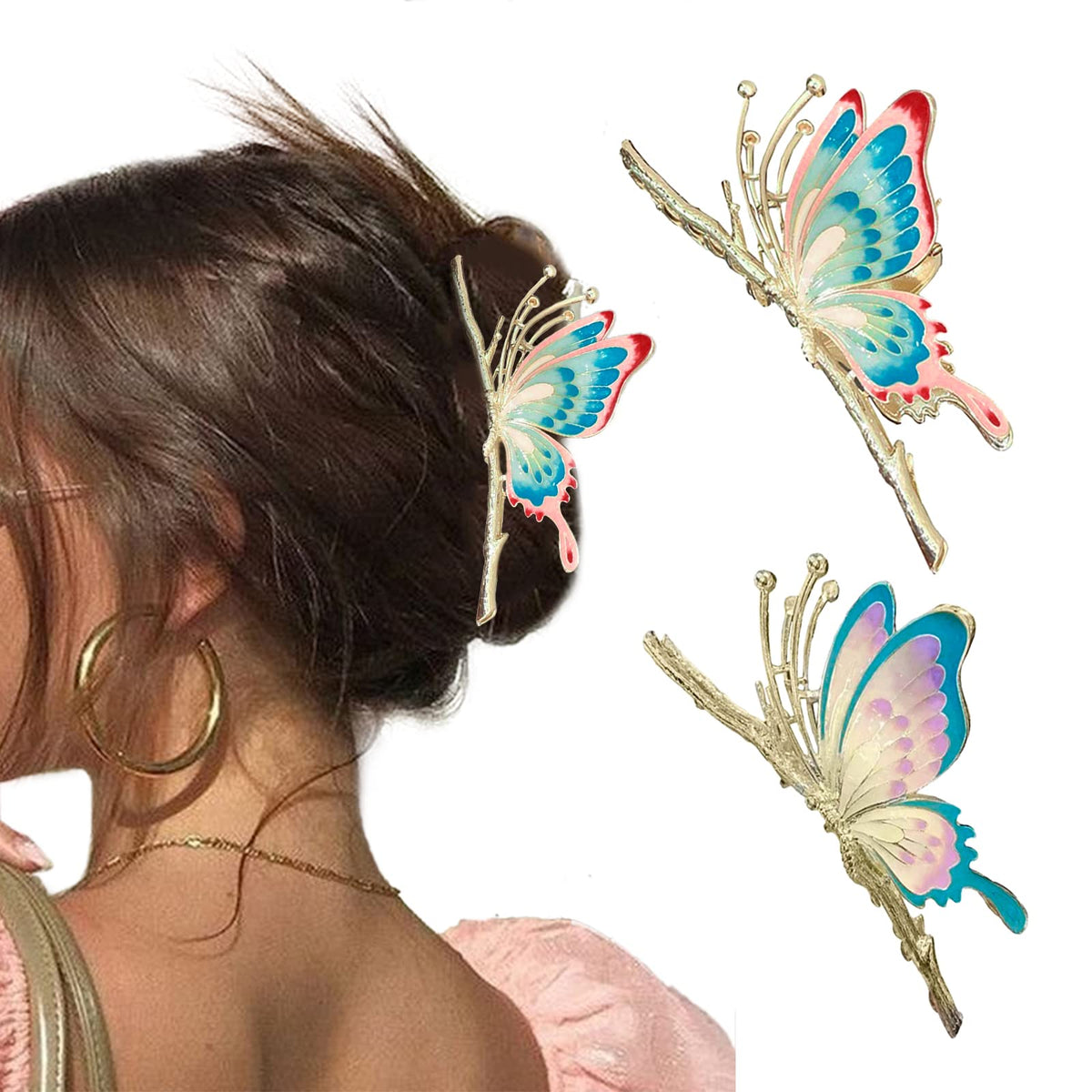 ITingstere butterfly hair clip close-up with metallic shine for chic detail.