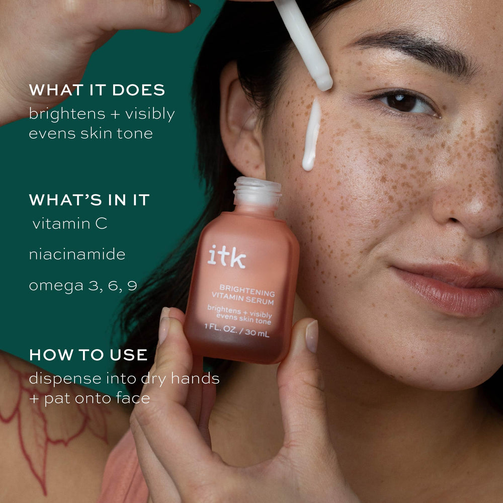 ITK clarifying peptide serum bottle emphasizing texture smoothing for evening routine.