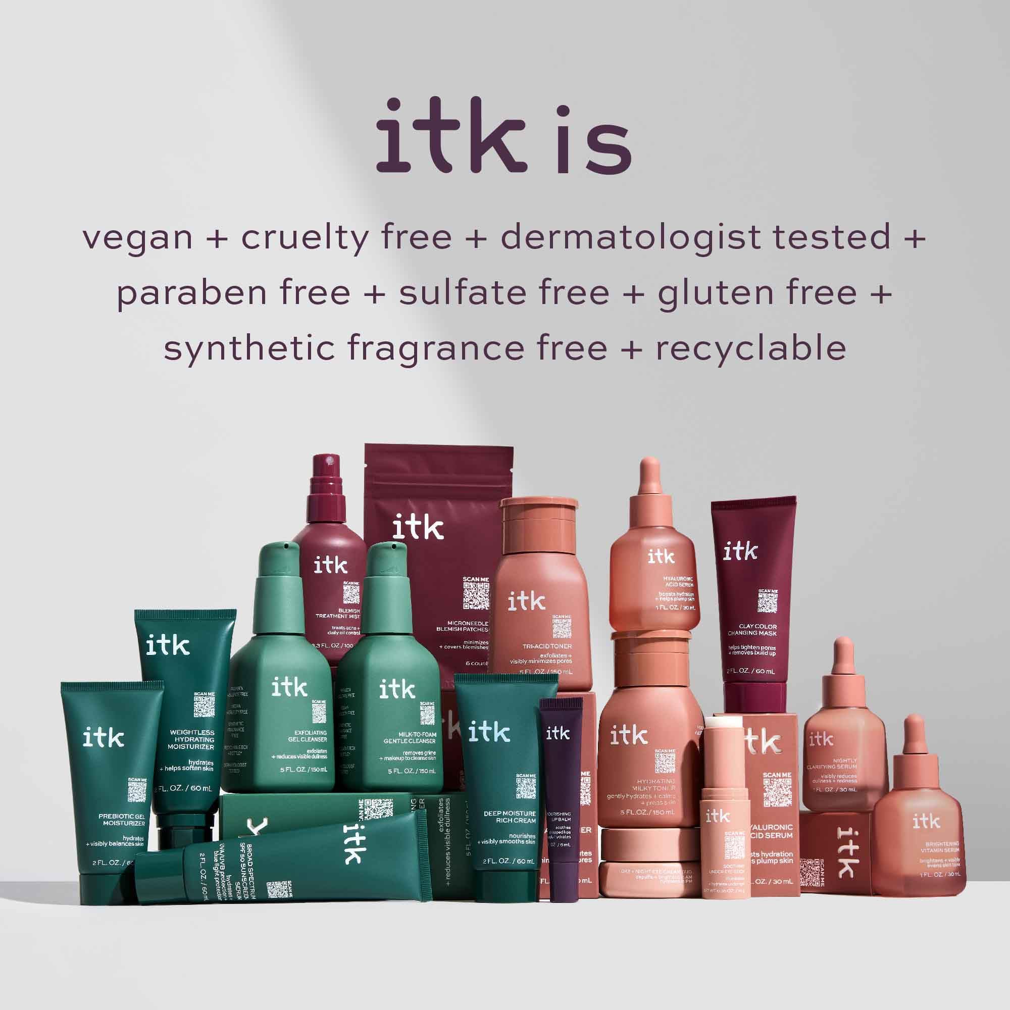 ITK glass bottle duo on a clean surface representing a premium skincare set.