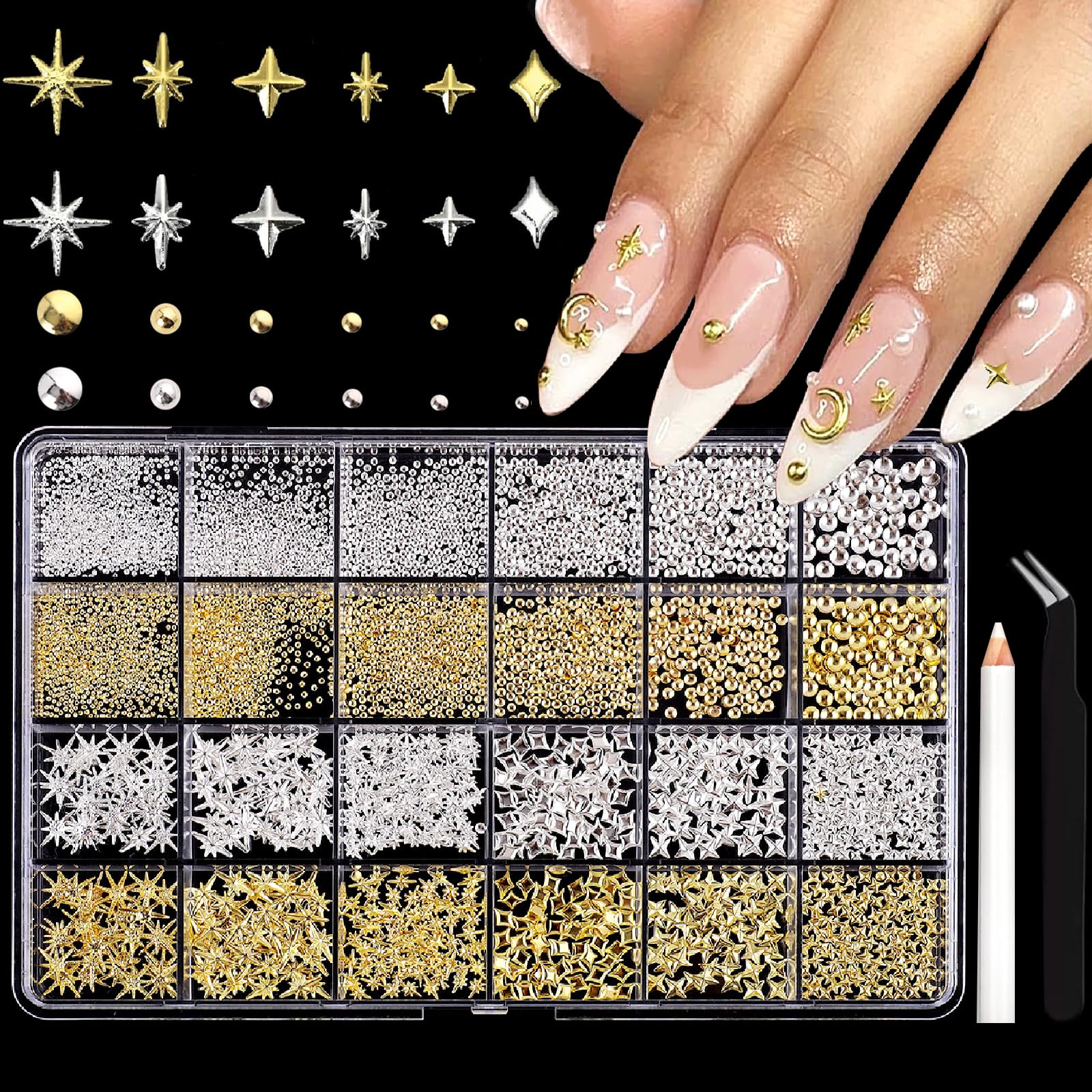 ITPOYOL 3D star charms in gold and silver sparkle nails